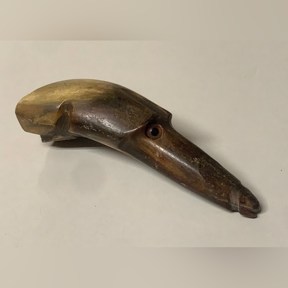 Antique Folk Artisan Hand Carved Bull Horn Figural Dog Head Cane Handle - Picture 10 of 16